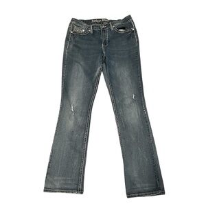 Antique Rivet Size 32 Blue Jeans Jewels Embroidered Cross Pockets Distressed